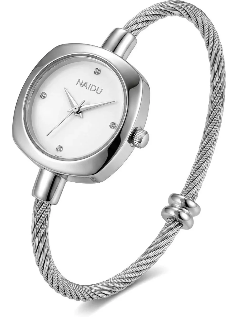 Women's Silver White Crystal Accent Cable Wire Bangle Square Sunray Dial Watches
